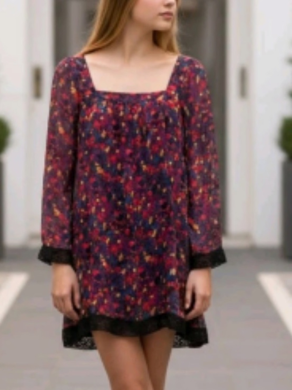 Olsenboye Dress XL Floral Chiffon Black Lace Trim Square-Neck Long Sleeves Lined